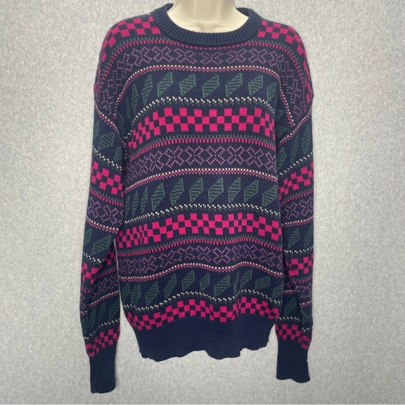 VTG Nordstrom Cotton Knit Fair Isle Abstract Printed Pull Over Sweater - Picture 1 of 4